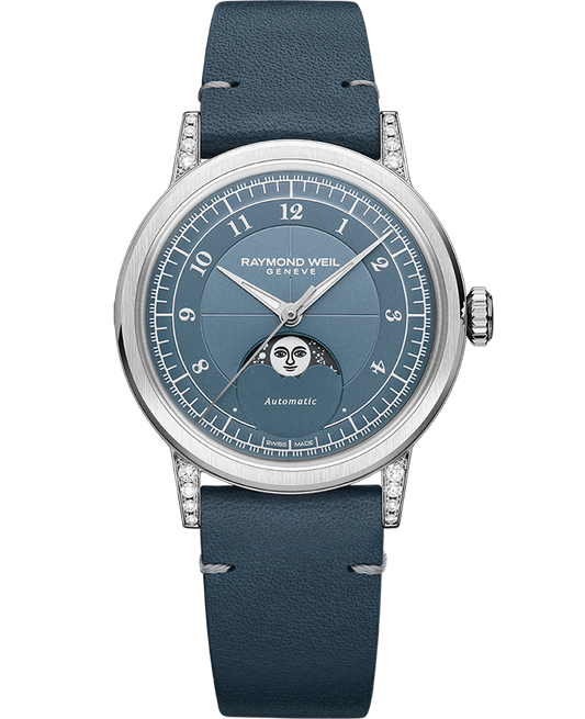 Millesime Automatic Moon Phase Denim Blue Dial Leather Strap Watch, 35mm 2145-SCS-05511