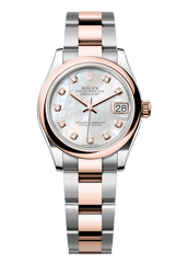 Oyster Perpetual Datejust 31 in Oystersteel and Everose gold features a white mother-of-pearl, diamond-set dial and an Oyster bracelet 278241-Mother of Pearl