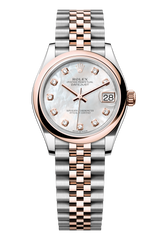 Oyster Perpetual Datejust 31 in Oystersteel and Everose gold features a white mother-of-pearl, diamond-set dial and a Jubilee bracelet. 278241-Mother of Pearl 1