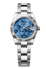 Oyster Perpetual Datejust 31 in Oystersteel and white gold features an azzurro-blue floral-motif, diamond-set dial and an Oyster bracelet 278274-Blue