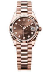 Oyster Perpetual Datejust 31 in 18 ct Everose gold features a chocolate, diamond-set dial and a President bracelet 278275-Chocolate