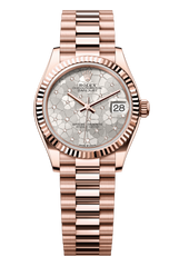 Oyster Perpetual Datejust 31 in 18 ct Everose gold features a silver floral-motif, diamond-set dial and a President bracelet 278275-Silver