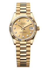 Oyster Perpetual Datejust 31 in 18 ct yellow gold features a champagne colour, diamond-set dial and a President bracelet 278278-Champagne