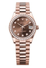 Oyster Perpetual Datejust 31 in 18 ct Everose gold features a chocolate, diamond-set dial and a President bracelet 278285RBR-Chocolate Diamond