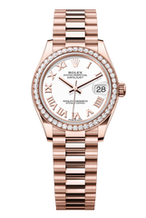 Oyster Perpetual Datejust 31 in 18 ct Everose gold features a white dial and a President bracelet 278285RBR-White