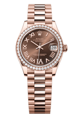 Oyster Perpetual Datejust 31 in 18 ct Everose gold features a chocolate, diamond-set dial and a President bracelet 278285RBR-Chocolate