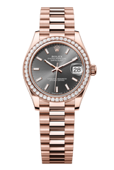 Oyster Perpetual Datejust 31 in 18 ct Everose gold features a slate dial and a President bracelet 278285RBR-Slate 1