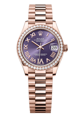 Oyster Perpetual Datejust 31 in 18 ct Everose gold features an aubergine, diamond-set dial and a President bracelet 278285RBR-Aubergine