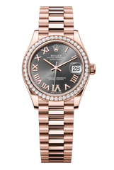 Oyster Perpetual Datejust 31 in 18 ct Everose gold features a slate, diamond-set dial and a President bracelet 278285RBR-Slate