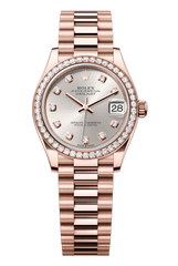 Oyster Perpetual Datejust 31 in 18 ct Everose gold features a silver, diamond-set dial and a President bracelet 278285RBR-Silver