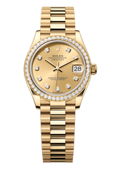 Oyster Perpetual Datejust 31 in 18 ct yellow gold features a champagne colour, diamond-set dial and a President bracelet 278288RBR-Champagne
