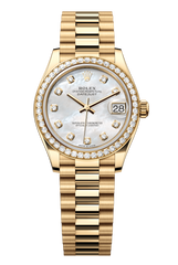Oyster Perpetual Datejust 31 in 18 ct yellow gold features a white mother-of-pearl, diamond-set dial and a President bracelet 278288RBR-Mother of Pearl