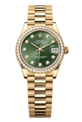 Oyster Perpetual Datejust 31 in 18 ct yellow gold features an olive-green, diamond-set dial and a President bracelet 278288RBR-Green 1