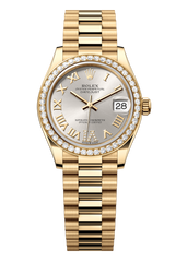 Oyster Perpetual Datejust 31 in 18 ct yellow gold features a silver, diamond-set dial and a President bracelet 278288RBR-Silver