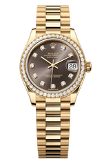 Oyster Perpetual Datejust 31 in 18 ct yellow gold features a dark grey, diamond-set dial and a President bracelet 278288RBR-Grey 1