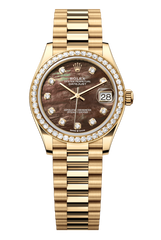 Oyster Perpetual Datejust 31 in 18 ct yellow gold features a black mother-of-pearl, diamond-set dial and a President bracelet 278288RBR-Black Mother of Pearl