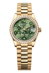 Oyster Perpetual Datejust 31 in 18 ct yellow gold features an olive-green floral-motif, diamond-set dial and a President bracelet 278288RBR-Green