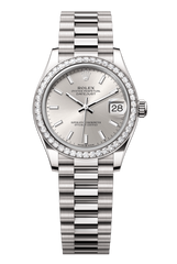 Oyster Perpetual Datejust 31 in 18 ct white gold features a silver dial and a President bracelet 278289RBR-Silver