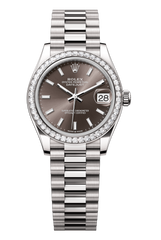 Oyster Perpetual Datejust 31 in 18 ct white gold features a dark grey dial and a President bracelet 278289RBR-Grey 1