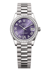 Oyster Perpetual Datejust 31 in 18 ct white gold features an aubergine, diamond-set dial and a President bracelet 278289RBR-Aubergine