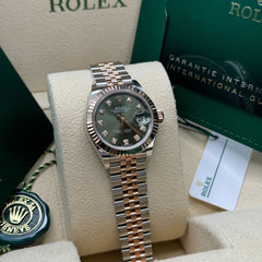 Rolex Lady-Datejust 28 Two-Tone / Fluted / Olive-Green / Diamond-Set / Jubilee 124300