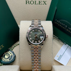 Rolex Lady-Datejust 28 Two-Tone / Fluted / Olive-Green / Diamond-Set / Jubilee 124300