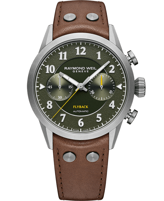 Freelancer Men's Pilot Flyback Chronograph Green Dial Brown Leather Strap Watch, 42MM 7783-TIC-05520