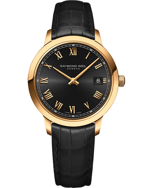 Toccata Ladies Quartz Gold PVD Black Dial Leather Strap Watch, 34mm 5385-PC-00208