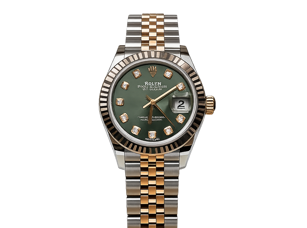 Rolex Lady-Datejust 28 Two-Tone / Fluted / Olive-Green / Diamond-Set / Jubilee 124300