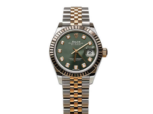 Rolex Lady-Datejust 28 Two-Tone / Fluted / Olive-Green / Diamond-Set / Jubilee 124300