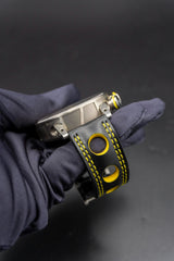 BRM Chrono RIngmaster titanium limited ed. Silver dial with yelllow accents on black.