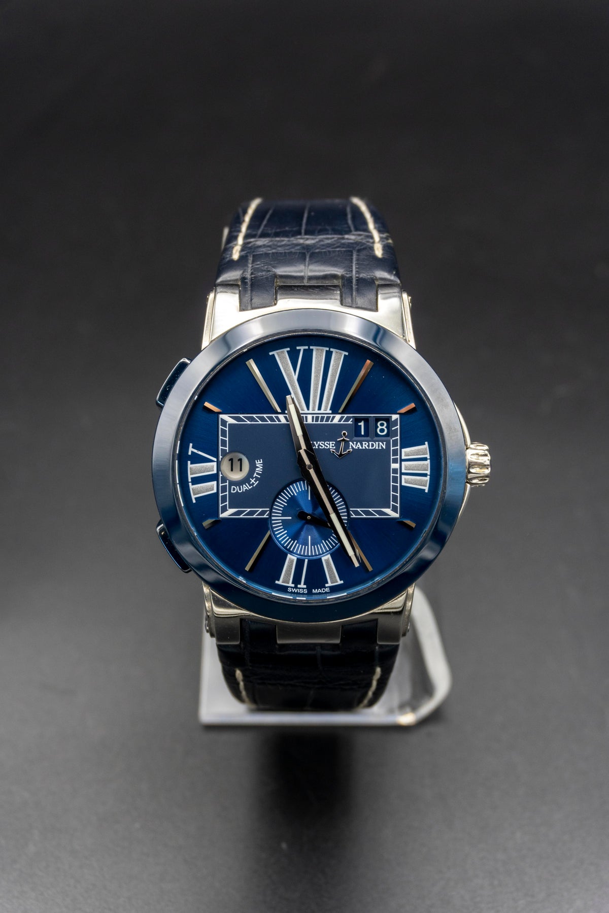 Ulysse Nardin Dual Time Executive steel wiht blue bezel and dial preowned watch 243-00