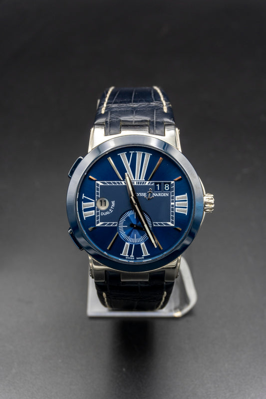 Ulysse Nardin Dual Time Executive steel wiht blue bezel and dial preowned watch 243-00