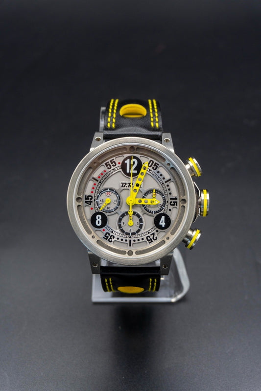 BRM Chrono RIngmaster titanium limited ed. Silver dial with yelllow accents on black.