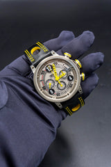 BRM Chrono RIngmaster titanium limited ed. Silver dial with yelllow accents on black.
