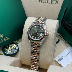 Rolex Lady-Datejust 28 Two-Tone / Fluted / Olive-Green / Diamond-Set / Jubilee 124300
