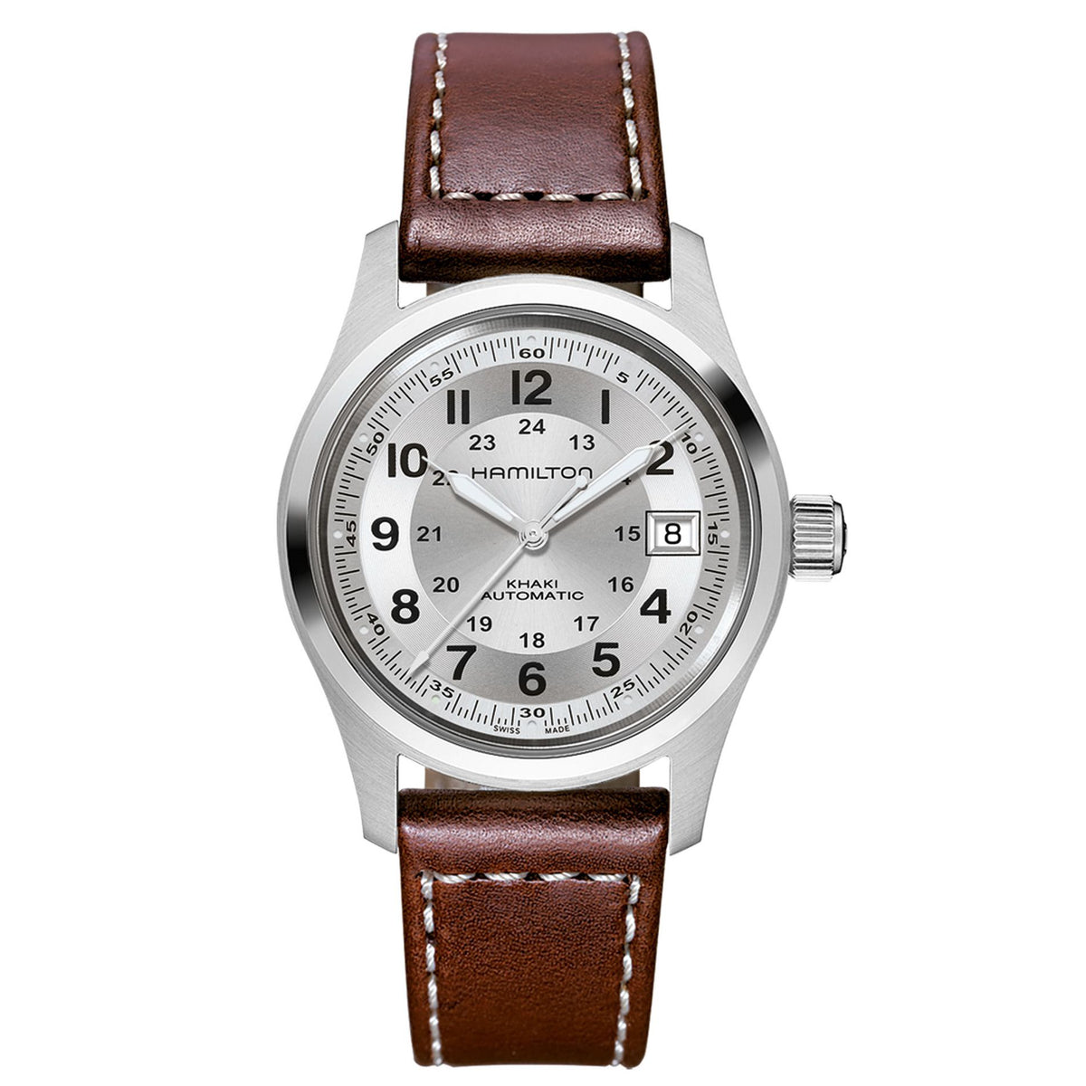 Hamilton Khaki Field Automatic Silver Dial Brown Leather Strap Watch 38mm - H70455553
