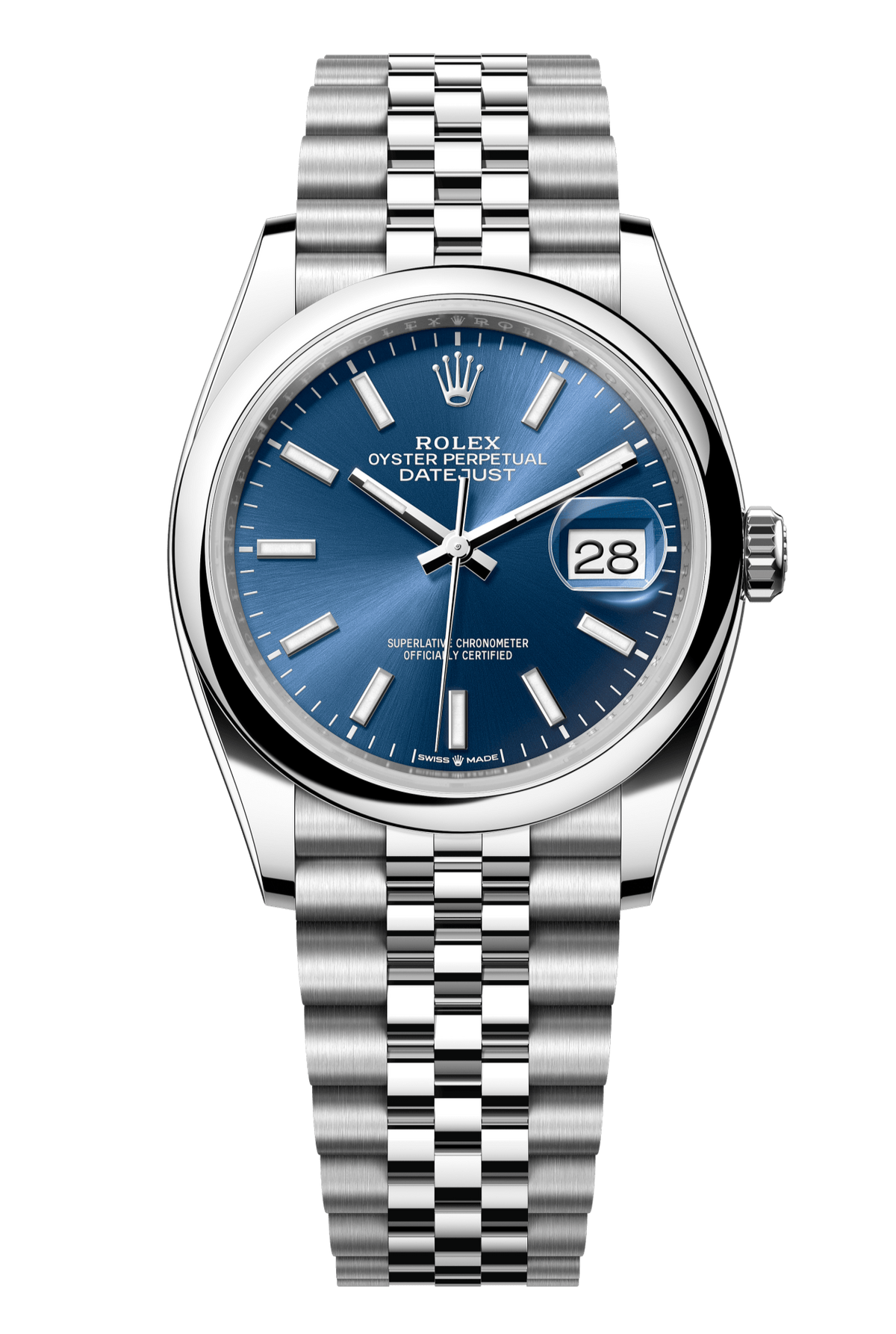 Rolex Oyster Perpetual Datejust 36 in Oystersteel features a bright blue dial and a Jubilee bracelet 126200-Blue