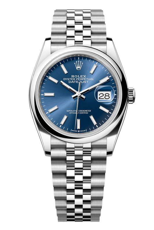 Rolex Oyster Perpetual Datejust 36 in Oystersteel features a bright blue dial and a Jubilee bracelet 126200-Blue