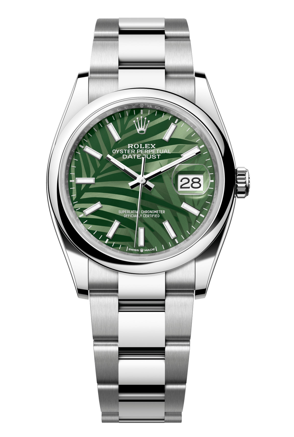 Rolex Oyster Perpetual Datejust 36 in Oystersteel features an olive-green, palm-motif dial and an Oyster bracelet 126200-Green