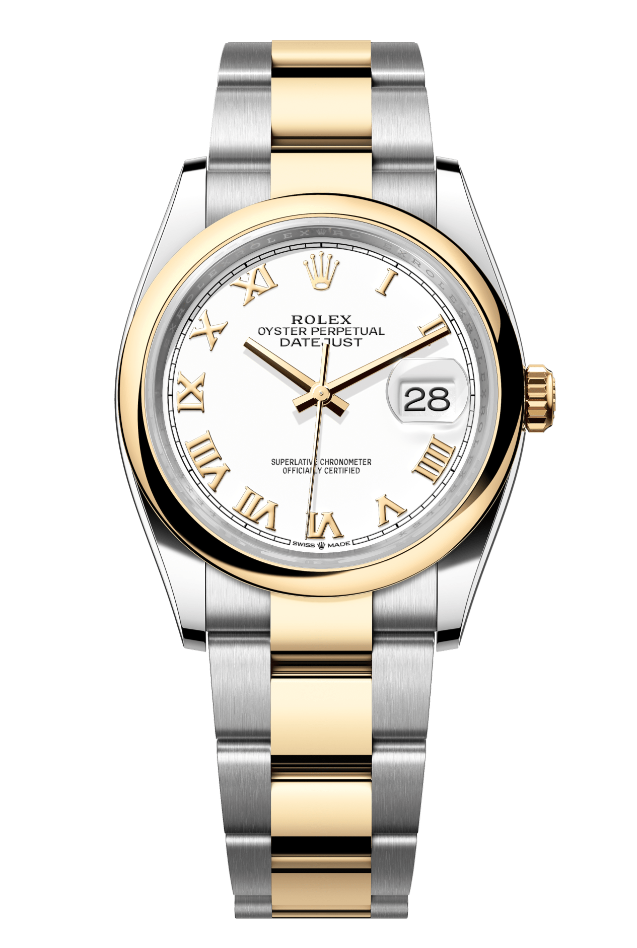 Rolex Oyster Perpetual Datejust 36 in Oystersteel and yellow gold features a white dial and an Oyster bracelet 126203-White