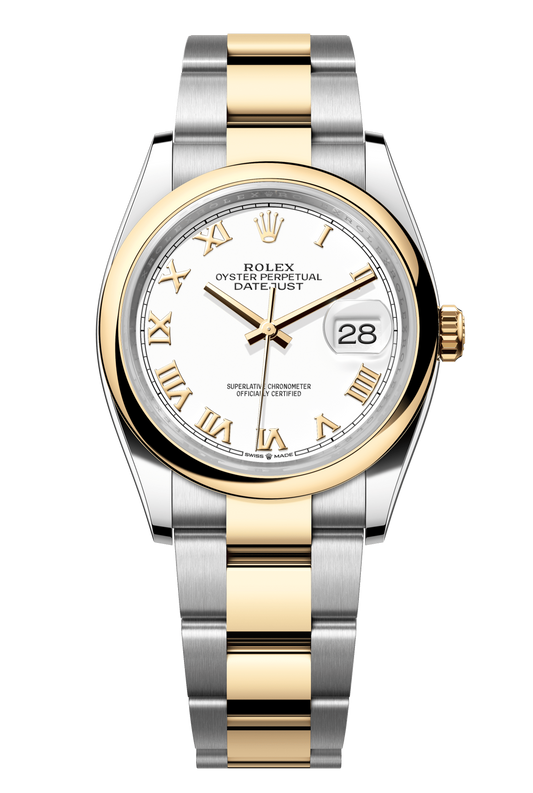 Rolex Oyster Perpetual Datejust 36 in Oystersteel and yellow gold features a white dial and an Oyster bracelet 126203-White