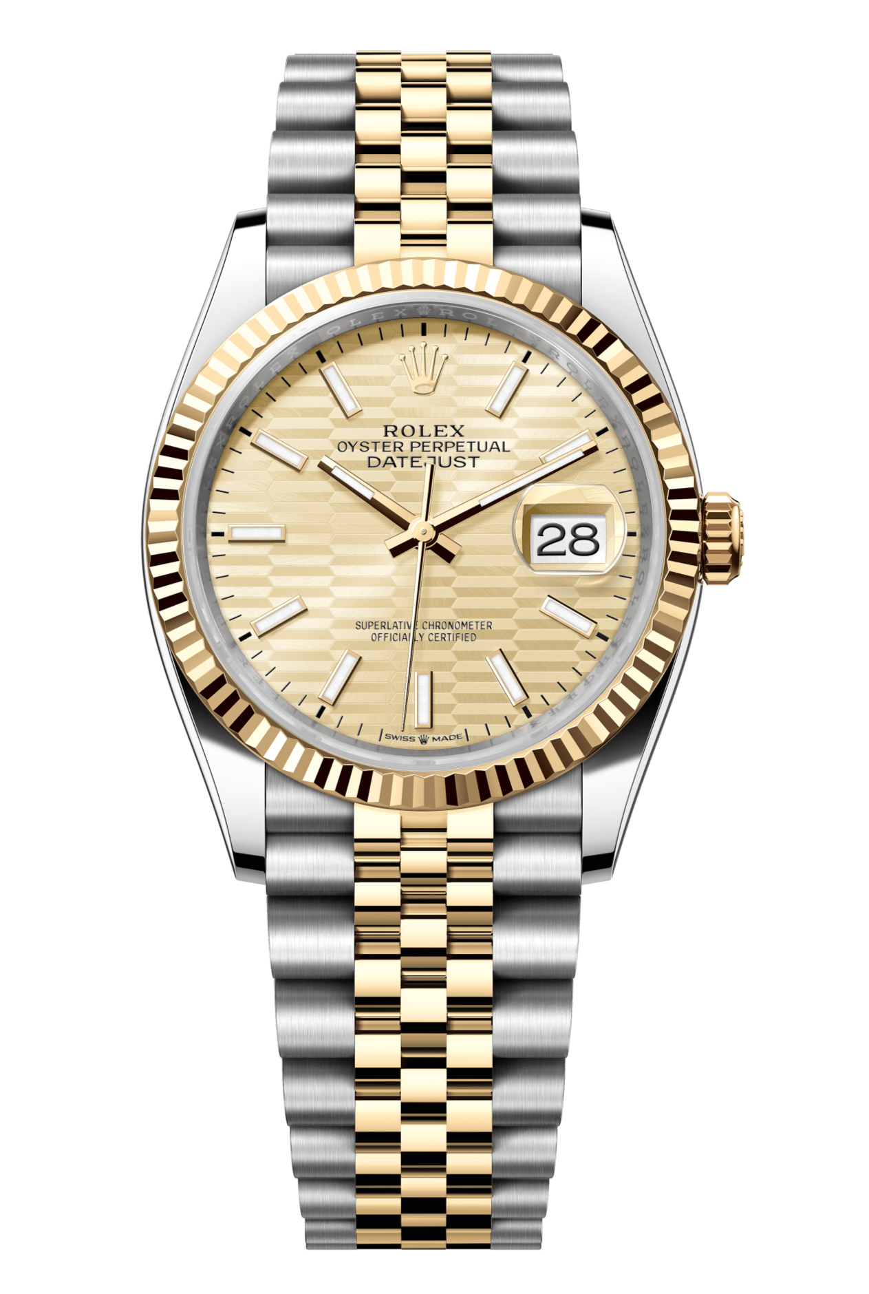 Rolex Oyster Perpetual Datejust 36 in Oystersteel and yellow gold features a golden, fluted-motif dial and a Jubilee bracelet 126233-Golden