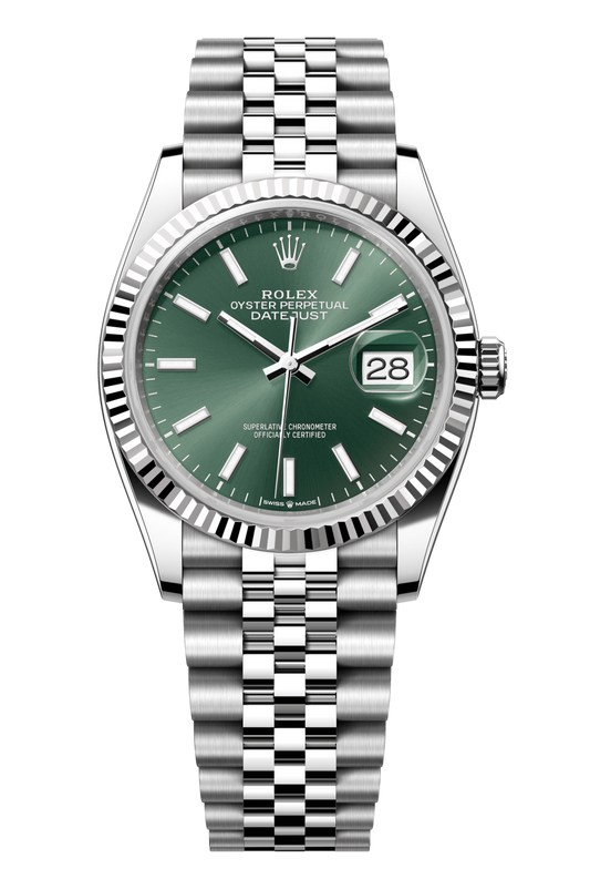 Rolex Oyster Perpetual Datejust 36 in Oystersteel and white gold features a mint green dial and a Jubilee bracelet. 126234-Green