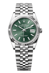 Rolex Oyster Perpetual Datejust 36 in Oystersteel and white gold features a mint green dial and a Jubilee bracelet. 126234-Green