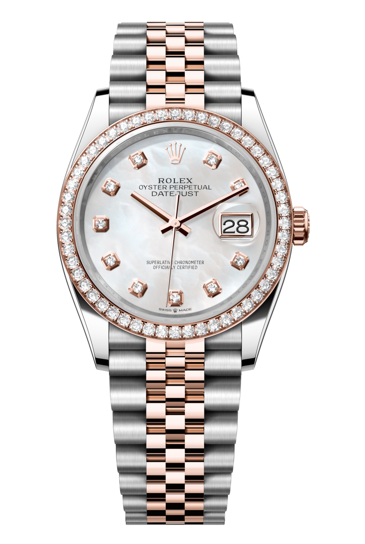 Rolex Oyster Perpetual Datejust 36 in Oystersteel and Everose gold features a white mother-of-pearl, diamond-set dial and a Jubilee bracelet 126281RBR-Mother of Pearl