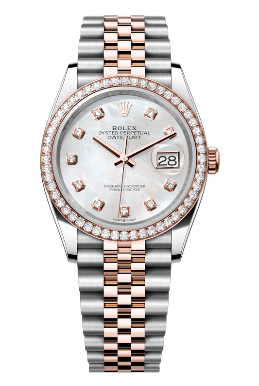 Rolex Oyster Perpetual Datejust 36 in Oystersteel and Everose gold features a white mother-of-pearl, diamond-set dial and a Jubilee bracelet 126281RBR-Mother of Pearl