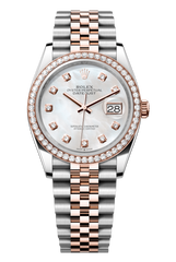 Rolex Oyster Perpetual Datejust 36 in Oystersteel and Everose gold features a white mother-of-pearl, diamond-set dial and a Jubilee bracelet 126281RBR-Mother of Pearl