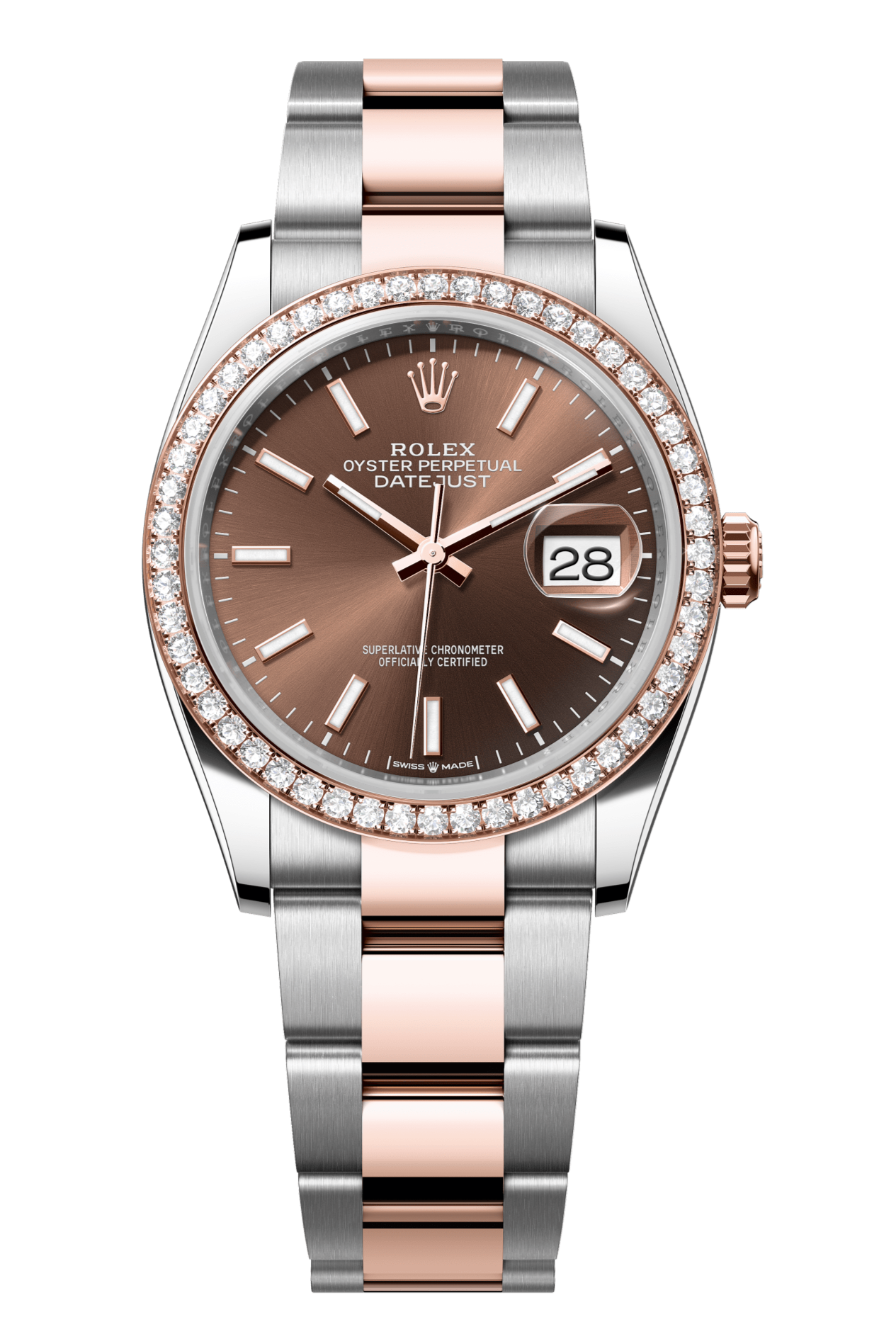 Rolex Oyster Perpetual Datejust 36 in Oystersteel and Everose gold features a chocolate dial and an Oyster bracelet 126281RBR-Choclate