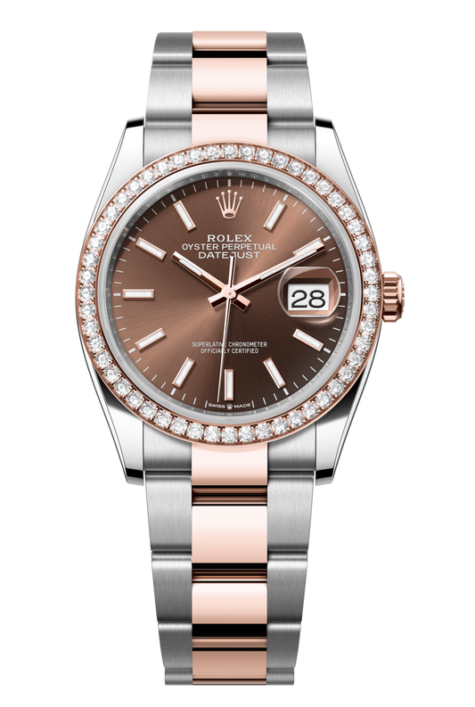 Rolex Oyster Perpetual Datejust 36 in Oystersteel and Everose gold features a chocolate dial and an Oyster bracelet 126281RBR-Choclate